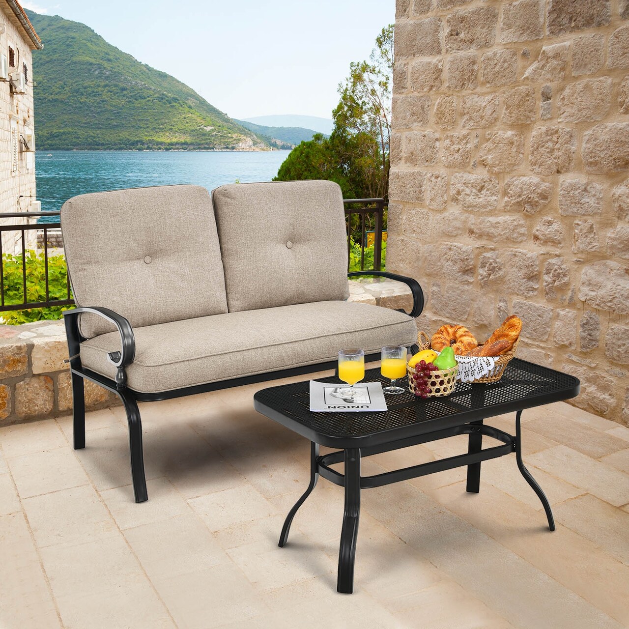 2 Pieces Patio Loveseat Bench Table Furniture Set with Cushioned Chair